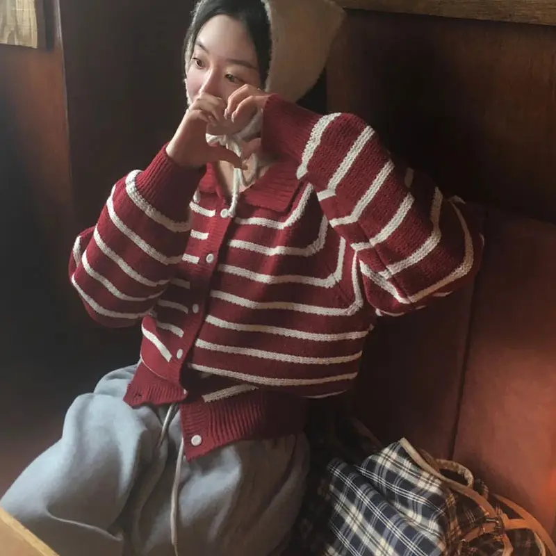 폴드 칼라 스트라이프 가디건 상세 이미지 3