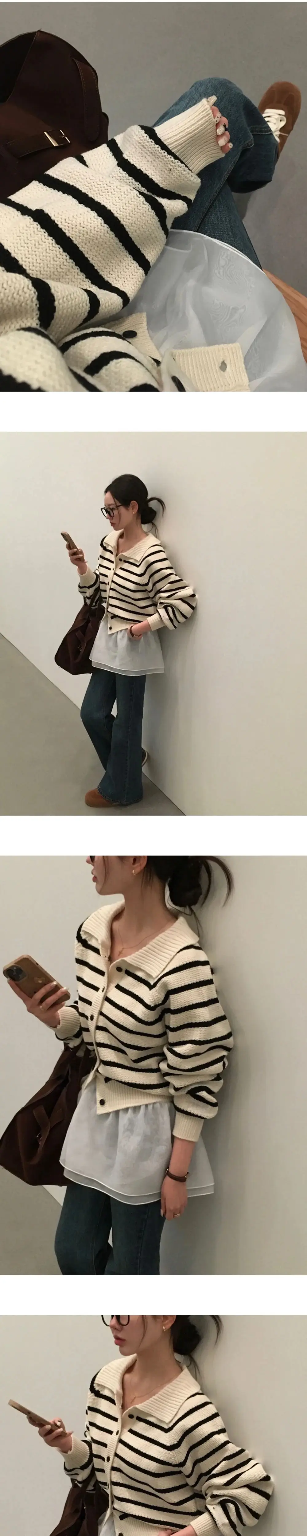 폴드 칼라 스트라이프 가디건 상세 이미지 10