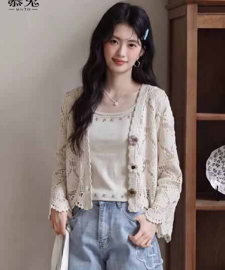 레트로 홀로우 아웃 자외선 차단 긴팔 니트 오픈 가디건 여성 2026 여름 새로운 맨위