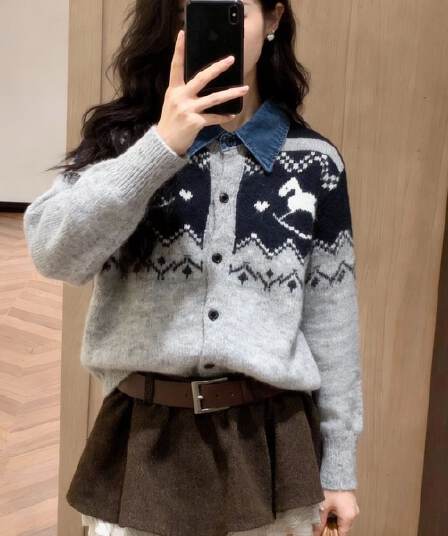한 부서 패션 데님 칼라 패치워크 재킷 외국 가스 루즈핏 두꺼운 재킷 니트 스웨터 연령 감소 다용도 맨위 여성
