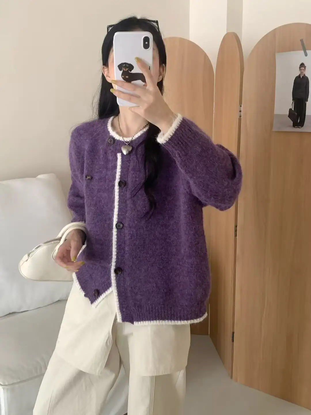 진주 장식 라운드넥 긴소매 가디건 상세 이미지 2