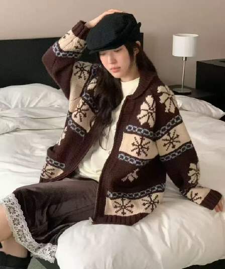 chic 한 부서 레트로 공정한 섬 자카드 재킷 가을 겨울 느긋한 바람 루즈핏 스웨터 오픈 가디건 여성