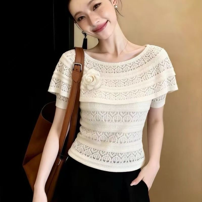 BY30426# 夏季新款法式一字领蕾丝上衣女白色短袖立体花朵轻熟风针织衫 服裝批發女裝批發服飾貨源