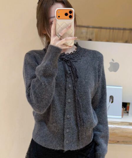 프랑스식 쇼트 스타일 레이스 레이스업 스웨터 오픈 가디건 여성 루즈핏 인사이드 가져 가라. 겨울 부드러운 작은 샤넬 스타일 만나는 니트 맨위