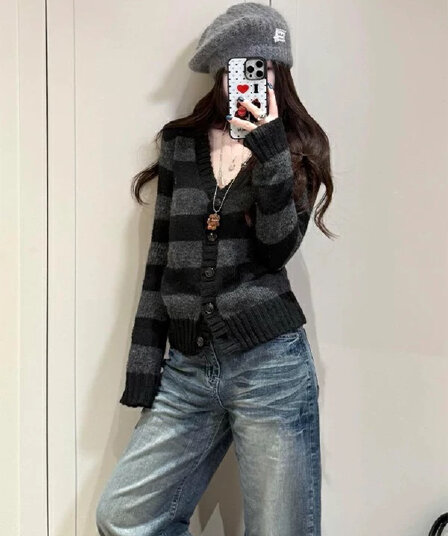 아메리칸 레트로 스트라이프 V넥 니트 스웨터 여성 가을 새로운 몸매 가꾸기 슬림해 보이는 부드러운 찹쌀 오픈 가디건 긴팔 스웨터 코트