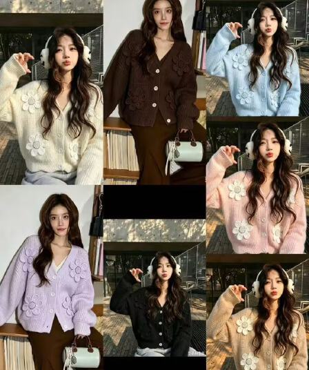 한 부서 3 차원 꽃 V넥 니트 오픈 가디건 여성 봄 가을 와이드 부드러운 찹쌀 쇼트 스타일 스웨터 코트