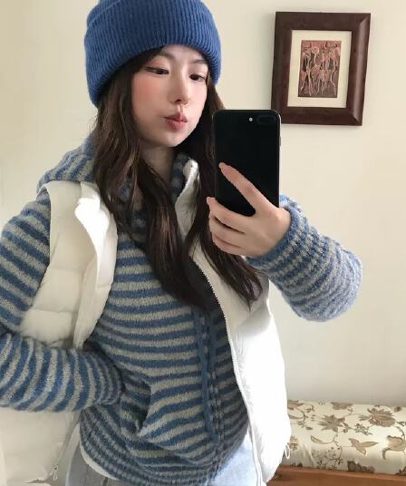 스트라이프 법 한 부서 출퇴근 스트라이프 후드 니트 오픈 가디건 쇼트 스타일 스웨터 맨위