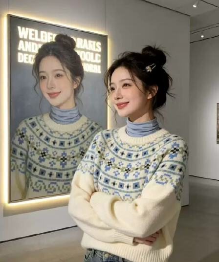 레트로 공정한 섬 스웨터 가을 겨울 소녀 느긋한 고급 센스 무거운 작업 자카드 라운드 넥 풀오버 두꺼운 양모 니트 스웨터