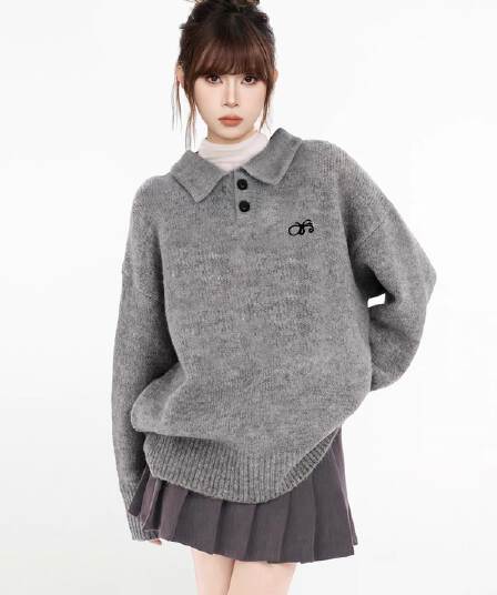 polo 폴로 칼라 풀오버 스웨터 여자 가을 겨울 조기 가을 루즈핏 느긋한 바람 니트 후드티 작은 키 맨위