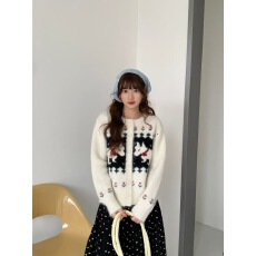 批发卡通小狗提花设计感圆领费尔岛毛衣开衫女2026冬季童趣风外套