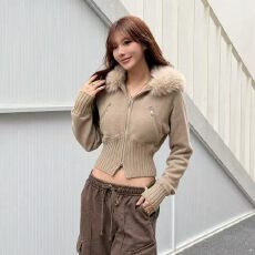 批发大毛领针织<b class='q'>外套</b>女秋季小个子修身显瘦长袖小众上衣