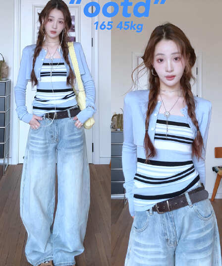 한 부서 디자인 캐주얼 세트 긍정적 인 어깨 어깨 긴팔 블라우스 인사이드 가져 가라. 스트라이프 니트 슬립 두 조각 여성 세트