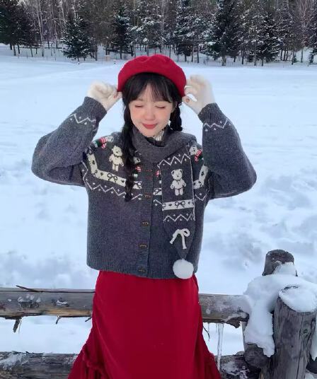 대 말더듬기 다우 시시 크리스마스 착용 가져 가라. 작은 곰 스웨터 여성 겨울 공정한 섬 바람 니트 쇼트 스타일 재킷
