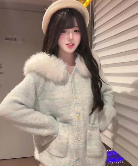 신선함 대양 바람 질감 부드러운 찹쌀 니트 여성 코트 비정형 버클 가을 겨울 큰 모피 칼라 플리스 루즈핏 후드 오픈 가디건