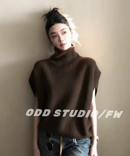 오래된 돈 바람 커피 색상 터틀넥 민소매 니트 조끼 여자 가을 겨울철 고급 센스 외출용 스웨터 어깨 스택 착용 조끼