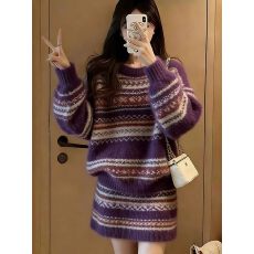 批发复古条纹风针织套装女秋<b class='q'>冬</b>百搭高级感毛衣裙装穿搭大码女装长袖