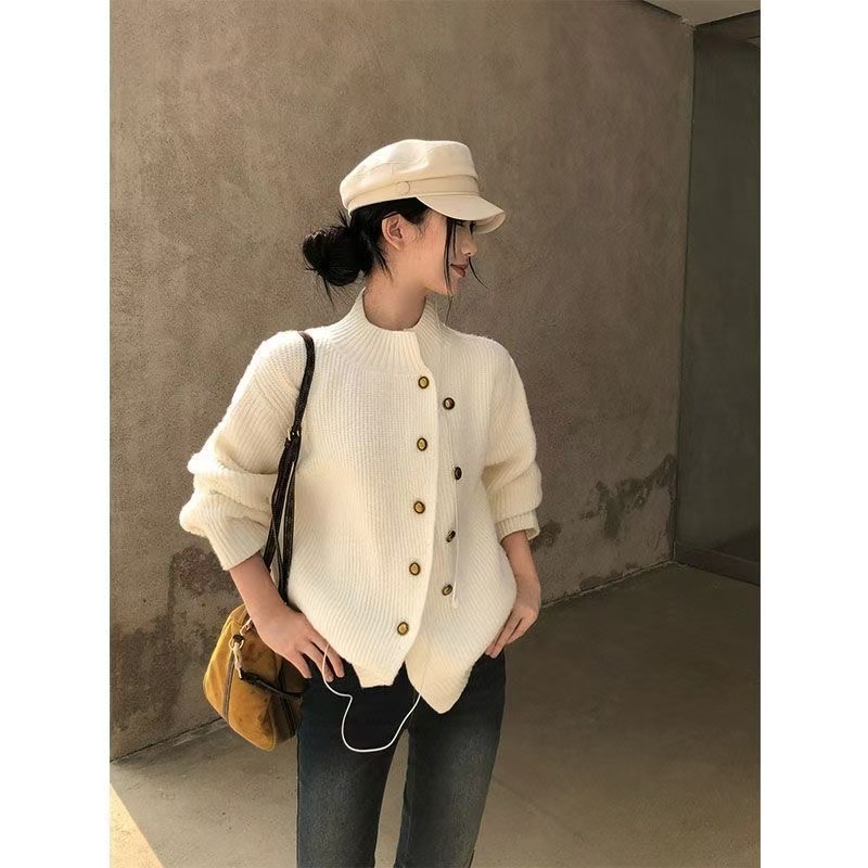 BY34371# 复古风白色不对称开衫毛衣新款 服裝批發女裝批發服飾貨源
