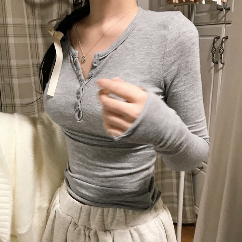 한국 동대문 패션 부드러운 네클라인 부서 버클 몸매 가꾸기 슬림해 보이는 섹시함 단색 풀오버 긴팔 티셔츠 맨위 여성
