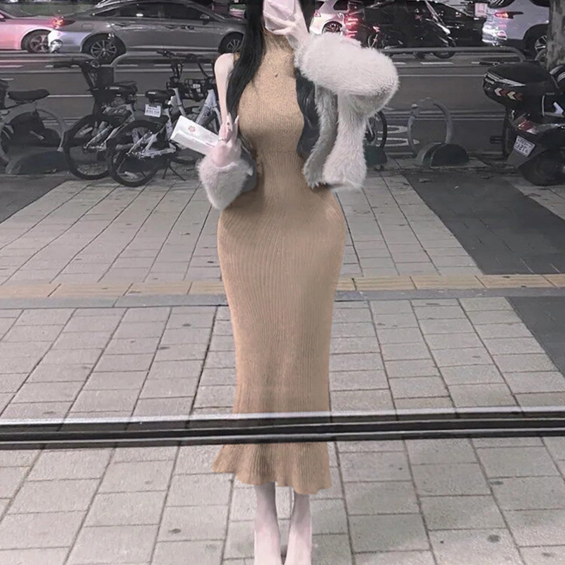 한국 동대문 품격 우아함 섹시함 여성 몸매 가꾸기 슬림해 보이는 디스플레이 몸 니트 민소매 드레스 여성 의류