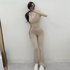 批发韩国东大门性感辣妹风针织连帽上衣+长<b class='q'>裤</b>两件套女修身显身材套装