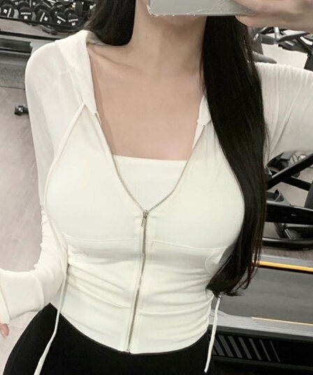 한국 동대문 한국 스타일 단색 섹시함 핫걸 순수한 욕망 바람 몸매 가꾸기 슬림해 보이는 지퍼 후드 티 스웨터 재킷 여성 의류