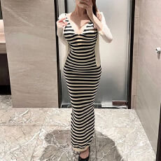 批发韩国东大门V领条纹吊带<b class='q'>连衣裙</b>女士修身显瘦性感开叉包臀针织长裙