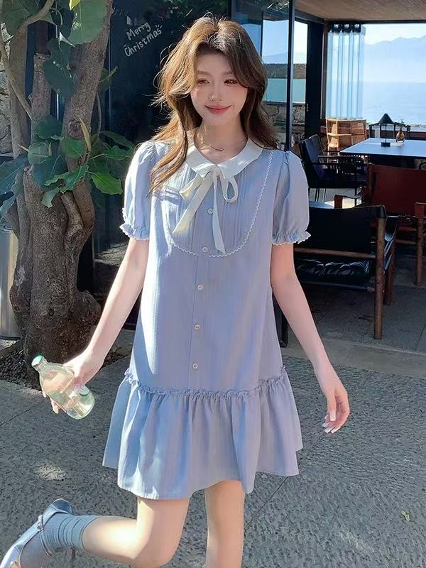 MY7866# 蓝色连衣裙夏季新款韩版娃娃领小香风可爱甜美少女小个子短裙女裝貨源服裝批發