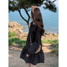 批发法式格子长袖衬衫<b class='q'>连衣裙</b>女春秋小个子宽松a字短裙荷叶边娃娃裙子