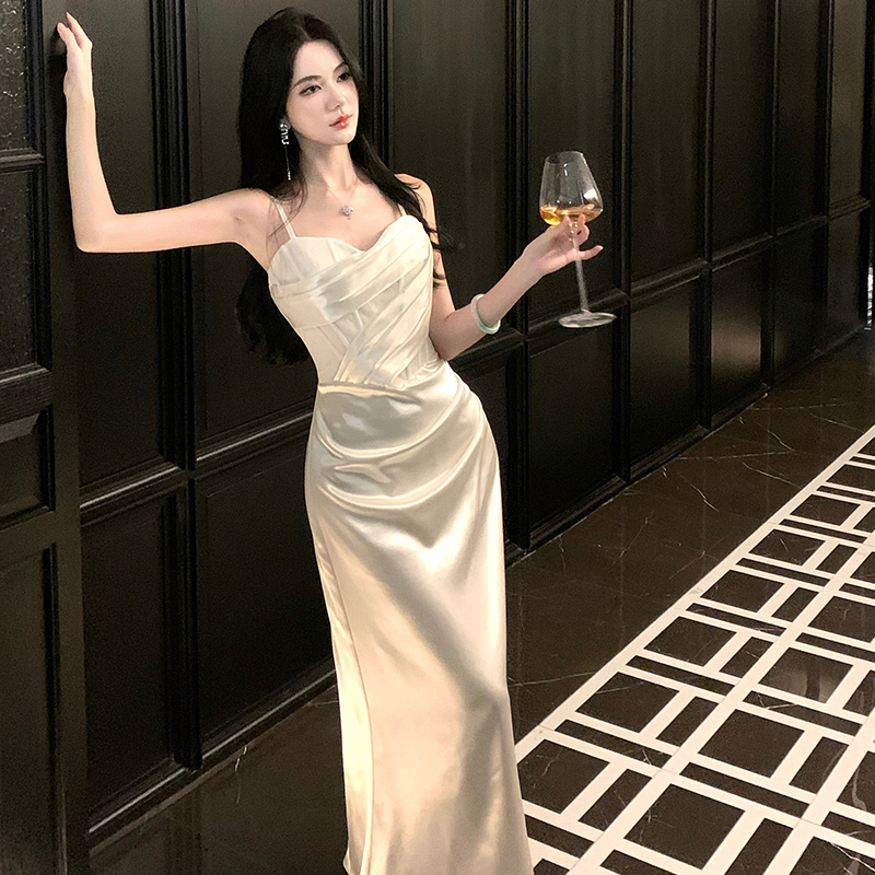 【花径拾梦】法式蕾丝缎面吊带连衣裙亮片高级鱼尾长裙子