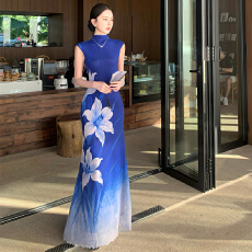 批发蓝田玉暖花卉印花渐变蓝色连衣裙新中式收腰显瘦长裙夏