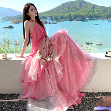 批发超仙粉色晚礼服女高级感生日成人礼艺考名媛订婚宴挂脖度假<b class='q'>连衣裙</b>