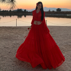 批发红色荷叶边上衣泰兰德海边拍照出片穿搭度假风套装<b class='q'>雪纺</b>大摆半身裙