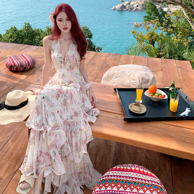 for fay 이슬 장미 정원 프랑스식 휴가 바람 프린트 행침 목 쉬폰 케이크 롱 스커트 여성 V넥 드레스