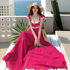 批发吊带<b class='q'>连衣裙</b>女气质名媛生日小礼服纯欲甜美蕾丝花边度假风大摆长裙