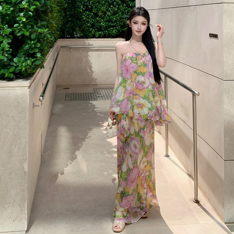 섬 여행 사진 찍기 휴가 해변 드레스 여성 여름 품격 한 단어 오프숄더 꽃무늬 쉬폰 튜브탑 점프 슈트 롱 스커트