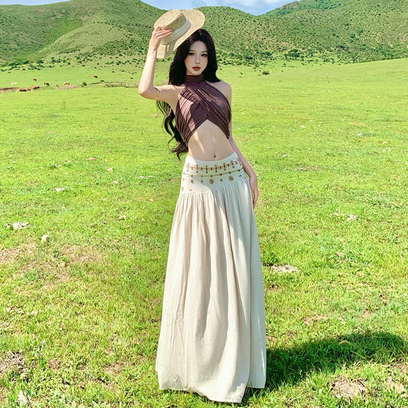 남쪽 법도 가짜 밖으로 조각 착용 가져 가라. 섹시함 백리스 행침 목 조끼 베이지 색 로우 웨이스트 반신 스커트 해변가 투피스 슈트