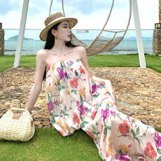 法式高级感气质花朵印花一字肩印花度假风洋气假两件连衣裙