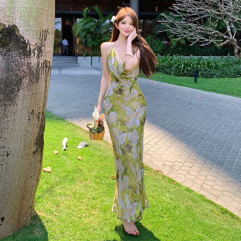 아름다운 흔들다 칼라 품격 휴가 허리 수축 슬림해 보이는 프린트 행침 목 슬립 드레스
