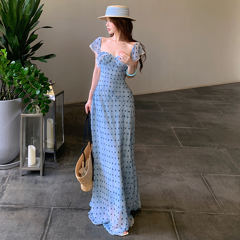 프랑스식 레트로 헤일로 염색 도트 무늬 레이스 쉬폰 프린트 슬립 드레스
