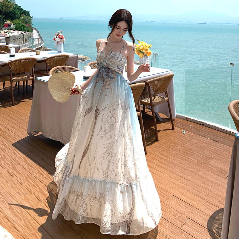 lienni2026 봄 여름 새로운 품격 루즈핏 슬림해 보이는 민소매 프린트 롱 코트 플리츠 튜브탑 여성 드레스