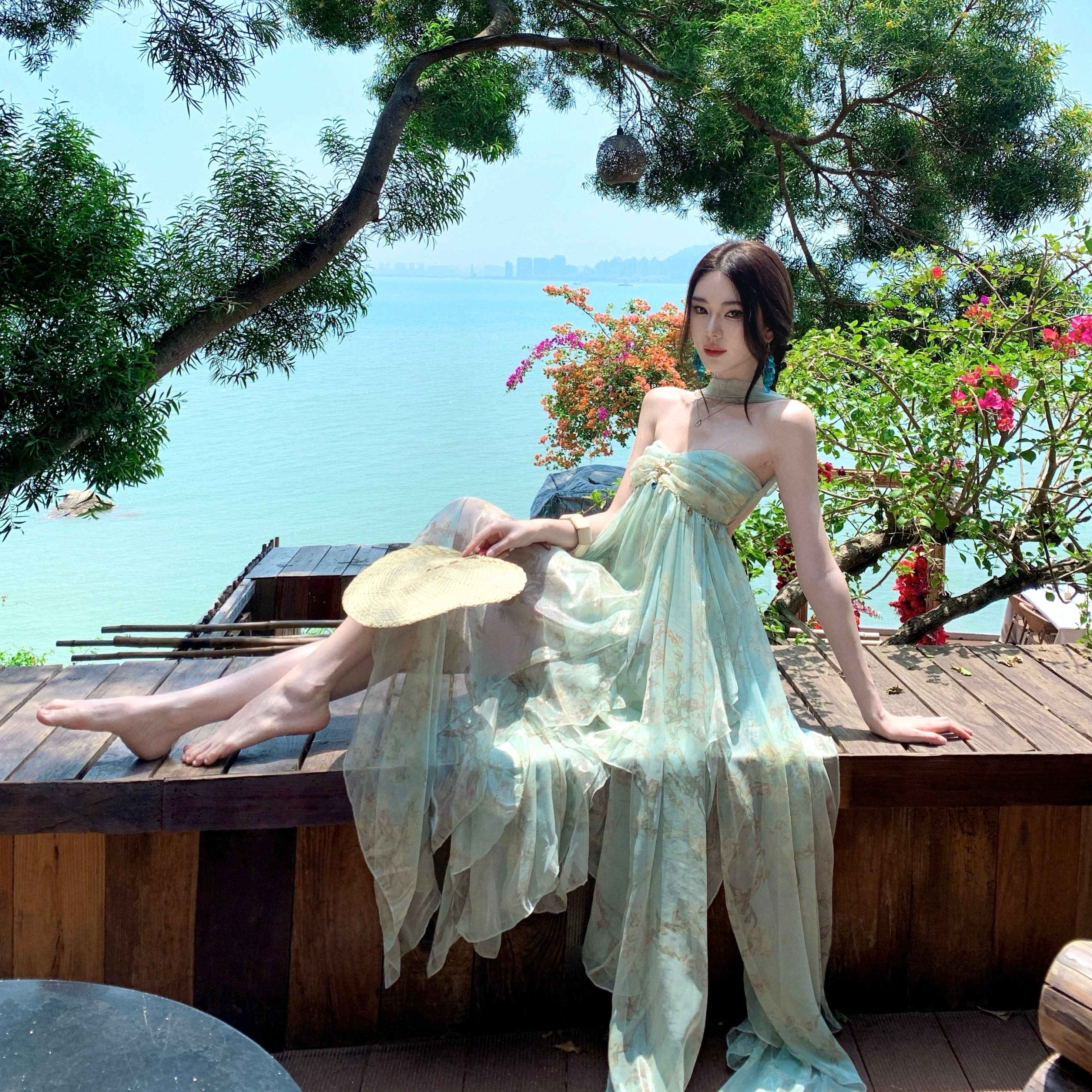 아름다운 프린트 튜브탑 여성 드레스 여름 해변가 휴가 착용 가져 가라. 섹시함 핫걸 불규칙 민소매 길다 치마