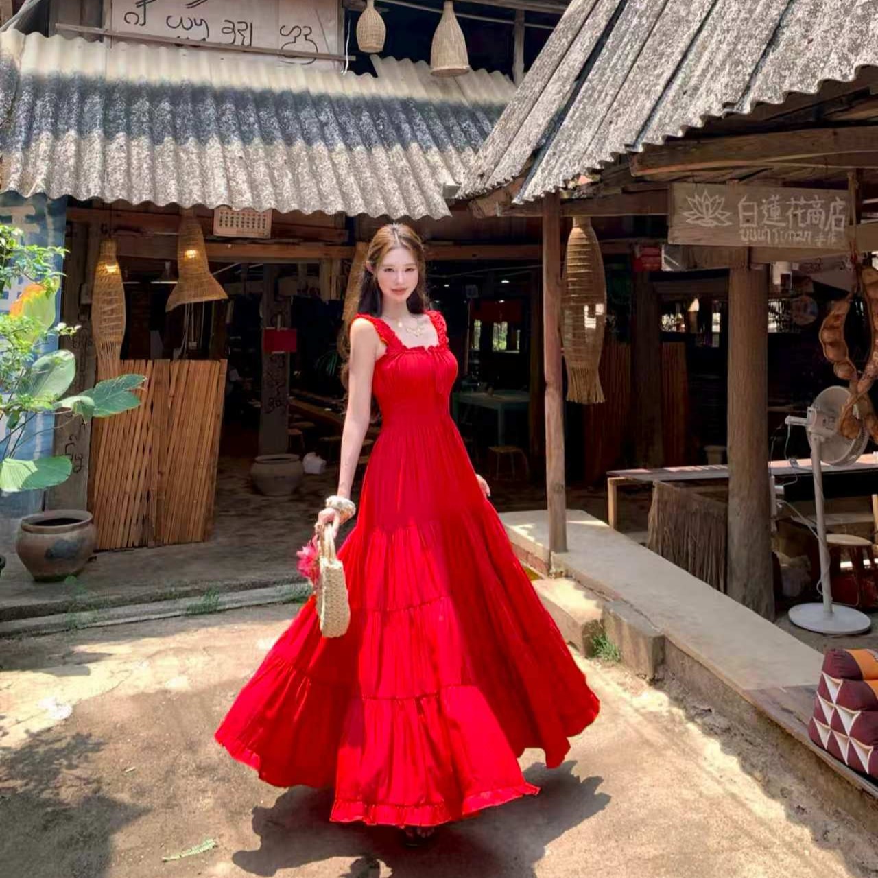 레트로 외국 가스 주름 휴가 슬립 여성 드레스 봄 2026 새로운 허리 수축 품격 고급 한 마디 롱 스커트
