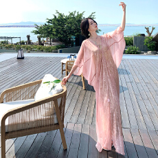 批发新中式松弛感提花V领绑带<b class='q'>连衣裙</b>显瘦国风度假长裙
