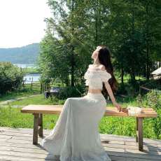 批发一字肩法式荷叶边上衣女<b class='q'>夏季</b>新款温柔<b class='q'>套装</b>高腰垂感白色半身裙长裙