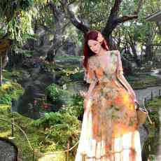 批发新款画风印花喇叭袖收腰显瘦长款<b class='q'>沙滩</b>裙