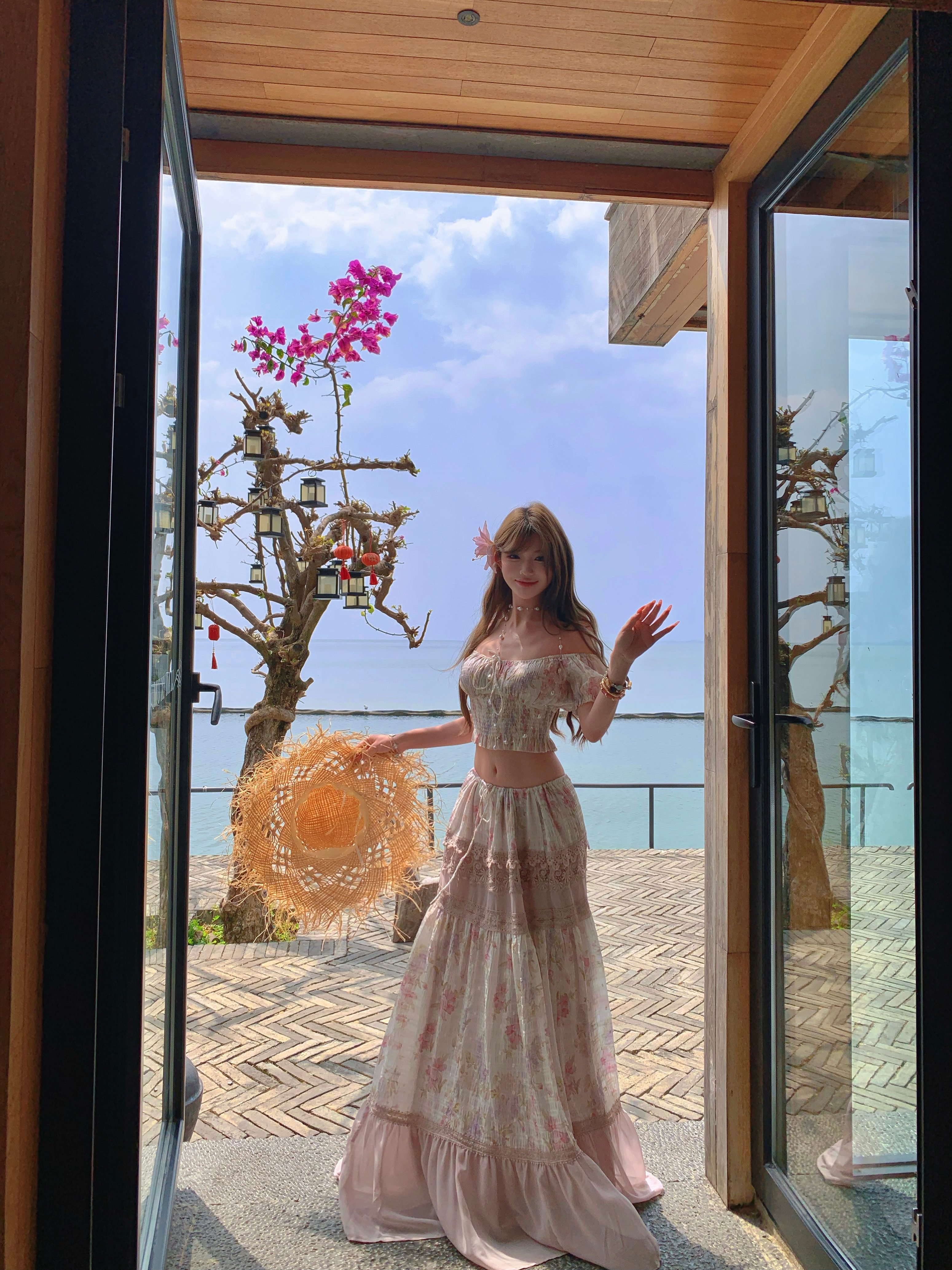 甜美度假风一字露肩短款碎花抹胸上衣女夏绝美大摆半身长裙子套装