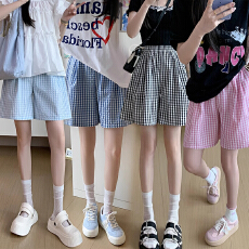 孕妇短裤复古格子短裤夏新款高腰垂感休闲显瘦蓝色运动阔腿五分裤