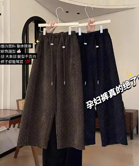 임산부 가을 겨울 의류 8 분 바지 바지 레트로 도트 무늬 넓은 다리 여성 슬림해 보이는 캐주얼 할머니 바지 9 분 바지 임산부 바지