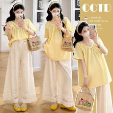 孕妇装2026夏季新款韩系减龄V领短袖衬衫时尚宽松裤子套装