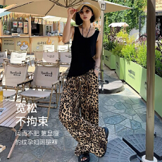 夏季孕妇裤雪纺高腰复古豹纹印花阔腿裤女宽松显瘦拖地裤孕妇夏款